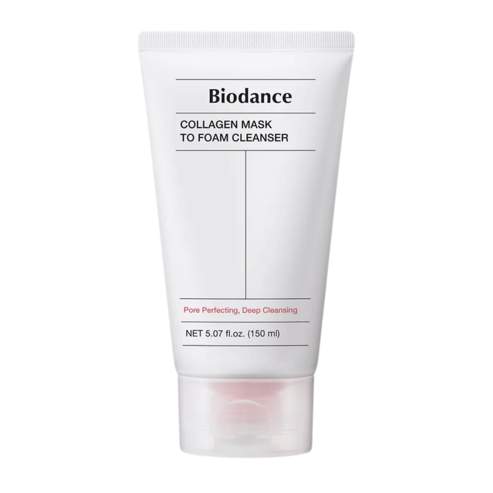 Productafbeelding van Biodance Collagen Mask to Foam Cleanser in een witte tube met zwarte tekst en roze details. Bevat 150 ml en wordt gepromoot als diep reinigend en porie-verbeterend.