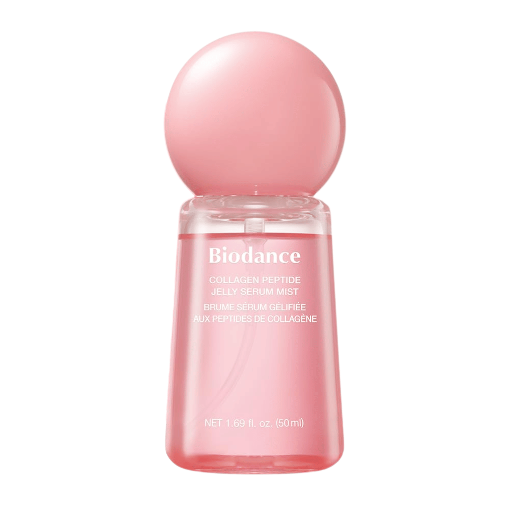 Biodance Collagen Peptide Jelly Serum Mist 50 ml – roze gezichtsmist en serum met collageen en peptiden voor hydratatie en glans.
