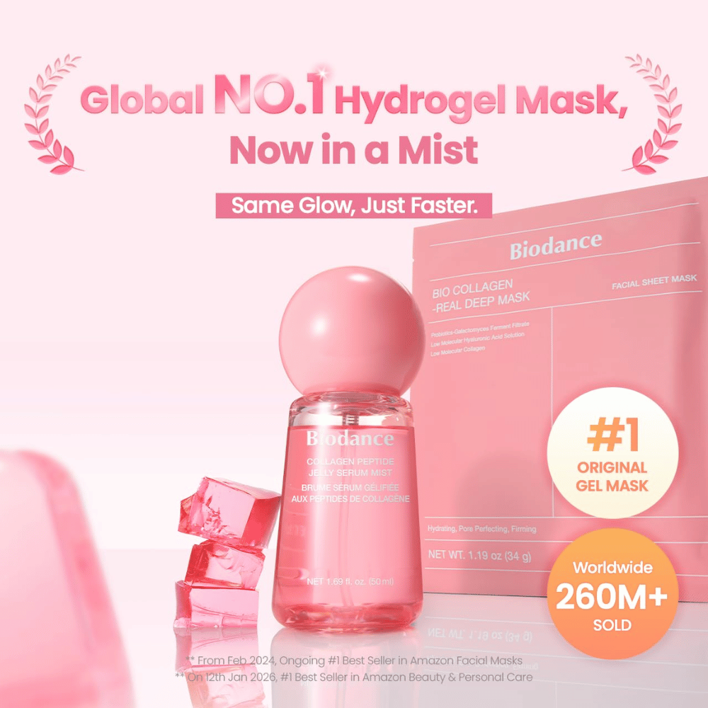 Biodance Collagen Peptide Jelly Serum Mist samen met Biodance Bio-Collagen Real Deep Mask – door hydrogel geïnspireerde huidverzorging voor glow en hydratatie.