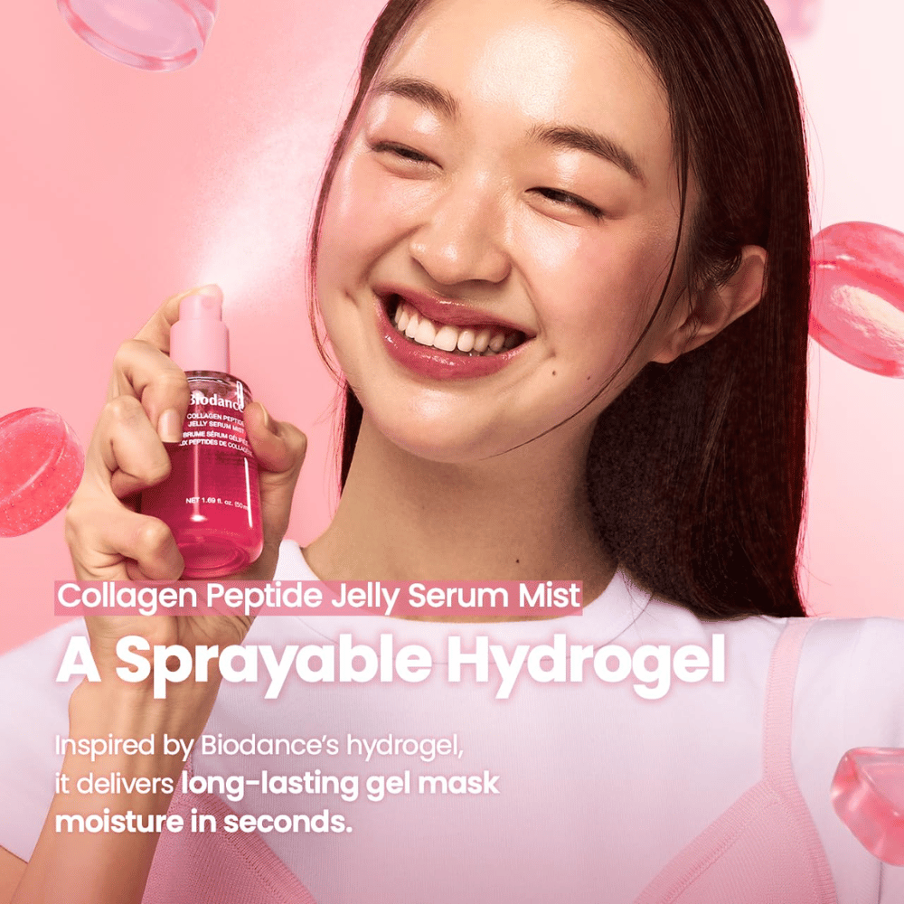 Biodance Collagen Peptide Jelly Serum Mist – spraybare, door hydrogel geïnspireerde gezichtsmist voor snelle en langdurige hydratatie.