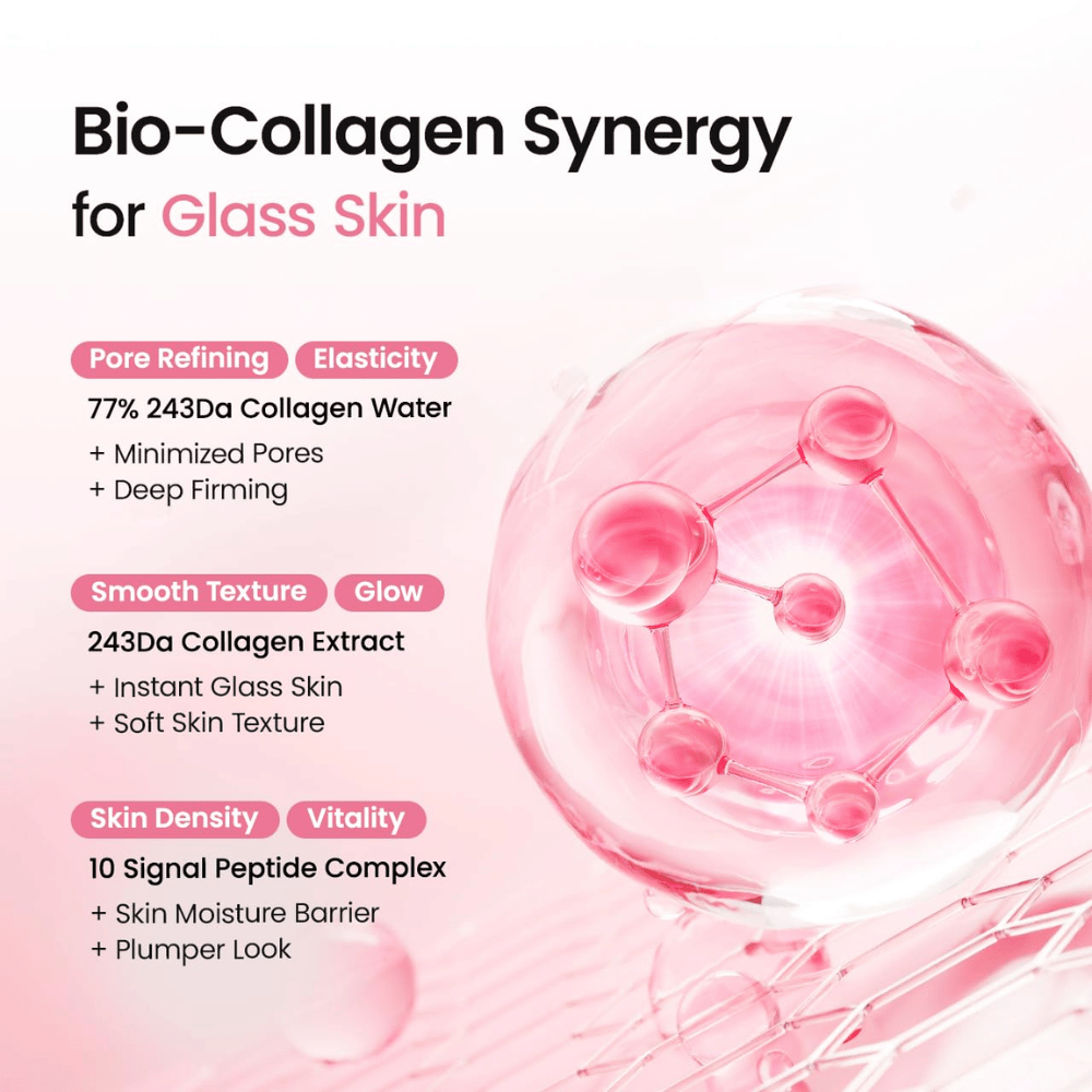 Biodance Collagen Peptide Jelly Serum Mist met 77% collageenwater, collageenextract en peptidecomplex voor glans, stevigheid en hydratatie.