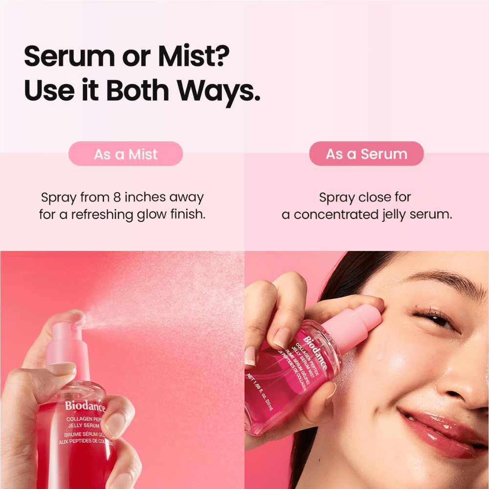 Biodance Collagen Peptide Jelly Serum Mist kan zowel als gezichtsmist en als serum worden gebruikt voor hydratatie en een frisse, glansgevende finish.