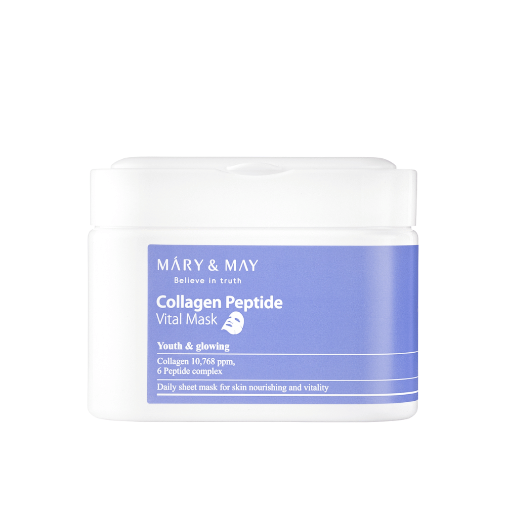 Collagen Peptide Vital Mask" van MARY & MAY in een witte en paarse pot. Het product bevat 10.768 ppm collageen en een peptidecomplex om de huid te voeden en te laten stralen. Dit dagelijkse gezichtsmasker is ontworpen om een jeugdige en stralende huid te geven.