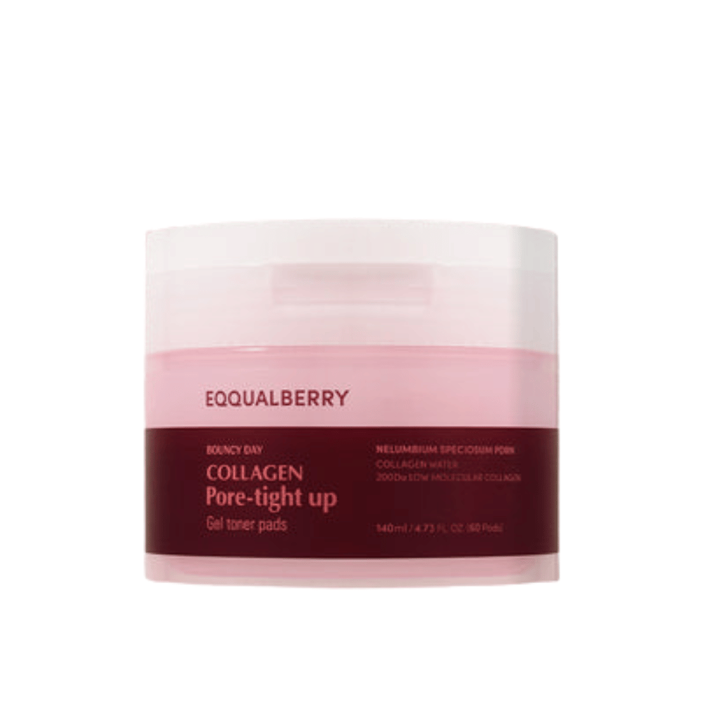 Een pot Bouncy Day Collagen Pore-Tight Up Gel Toner Pads. De pot is roze en rood en bevat 140 ml product dat helpt de huid strakker te maken en de poriegrootte te verminderen.
