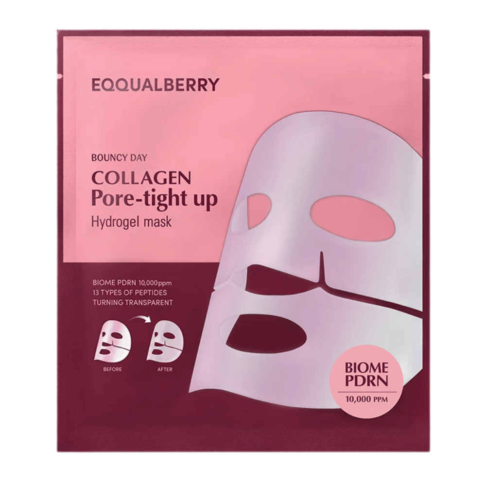 De verpakking voor Collagen Pore-tight Up Hydrogel Mask, een gezichtsmasker met biome PDRN en 13 soorten peptiden, is te zien in een roze verpakking met voor- en nafoto's van de effecten van het masker.