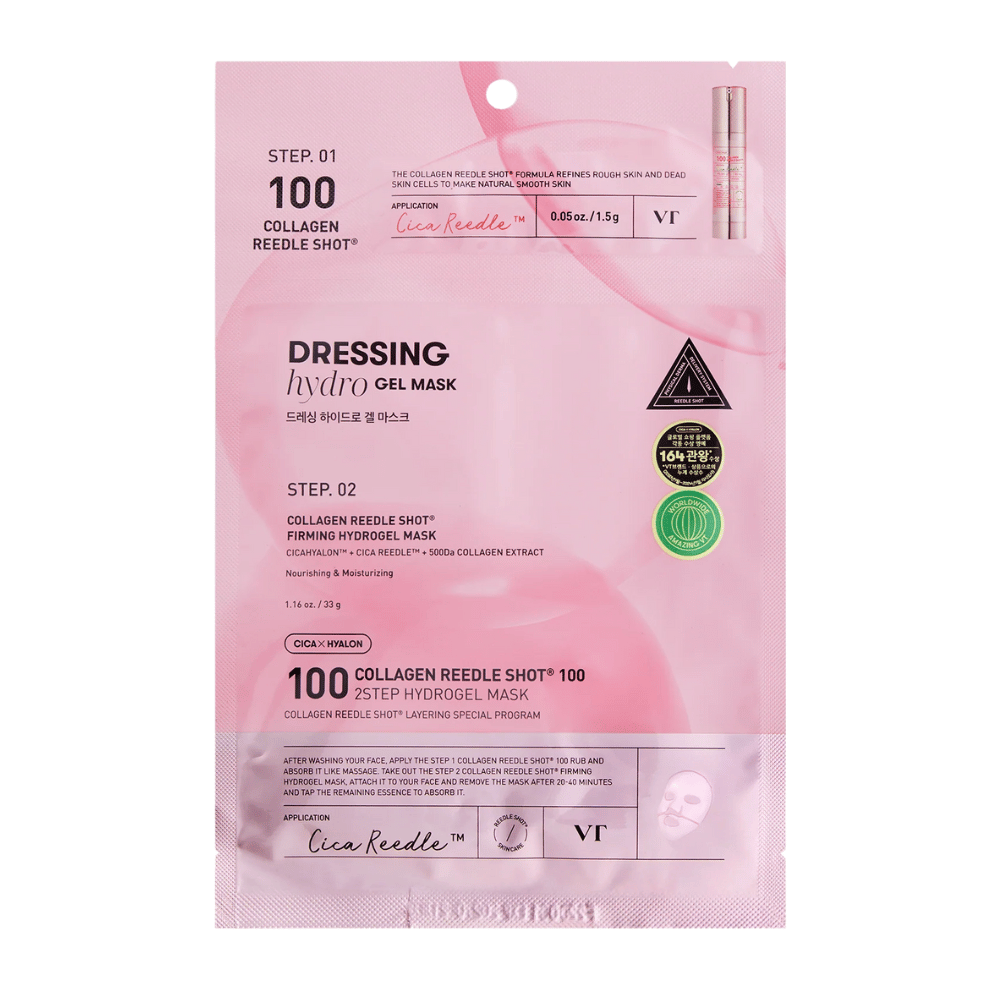 Verpakking van VT Collagen Reedle Shot 100 2-Step Hydrogel Mask in roze design. Toont stap 1 met Cica Reedle™ en stap 2 met verstevigend hydrogelmasker met CICAHYALON™ en 500Da collageenextract.