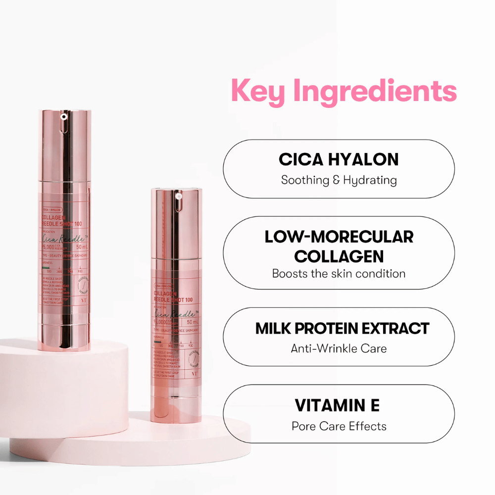 Close-up van VT Collagen Reedle Shot 100 en zijn belangrijke ingrediënten: Cica Hyalon, collageen, melkproteïne en vitamine E.