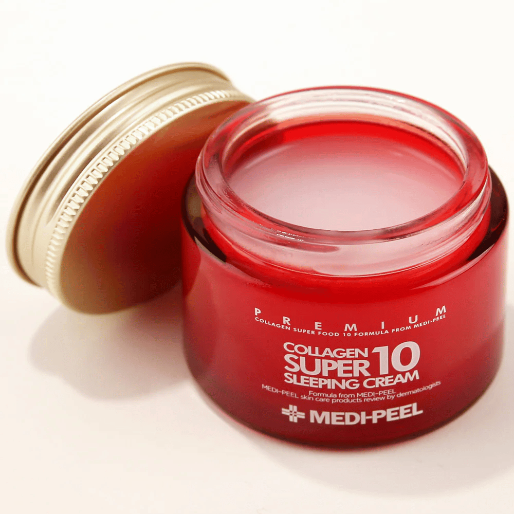 Close-up van MEDI-PEEL Collagen Super 10 Sleeping Cream met gelcrème-textuur die 's nachts wordt opgenomen en intensieve hydratatie biedt.