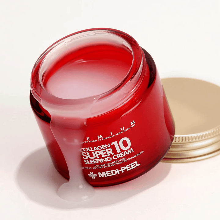 MEDI-PEEL Collagen Super 10 Sleeping Cream – Koreaanse nachtcrème met collageen die hydrateert, de huidbarrière versterkt en veerkracht geeft tijdens de nacht.