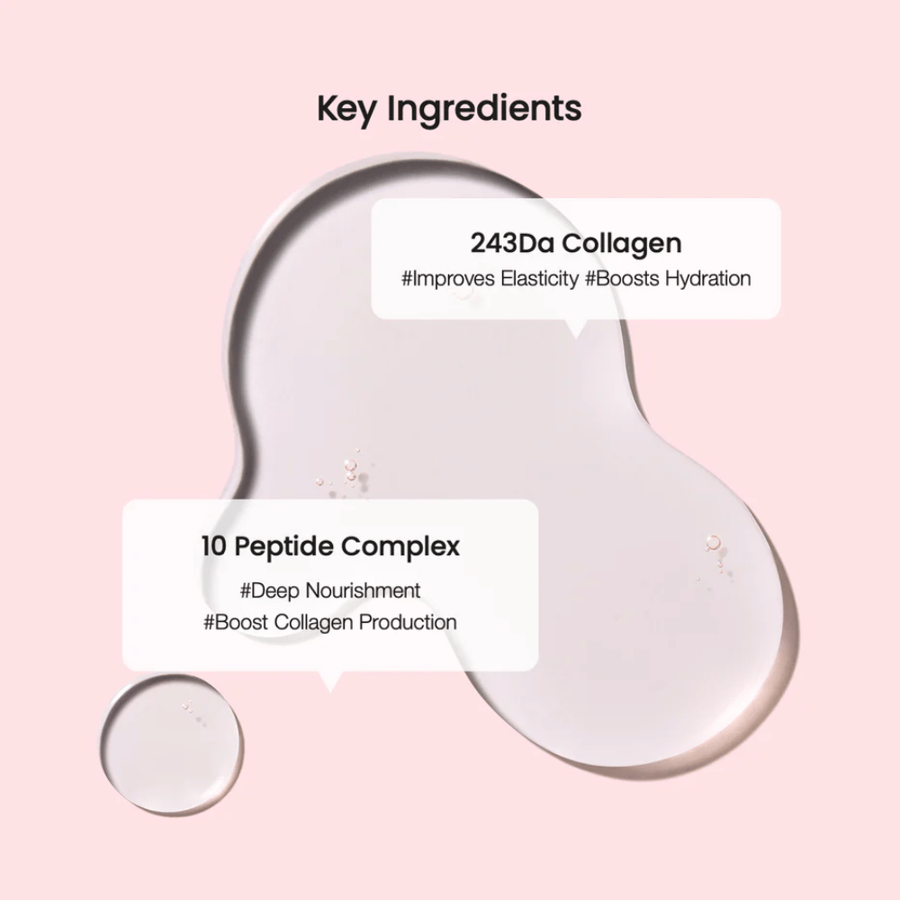 Närbild på nyckelingredienser i en hudvårdsprodukt, med genomskinliga droppar på rosa bakgrund. Text visar 243Da Collagen och 10 Peptide Complex med fördelar som ökad elasticitet och djup näring.