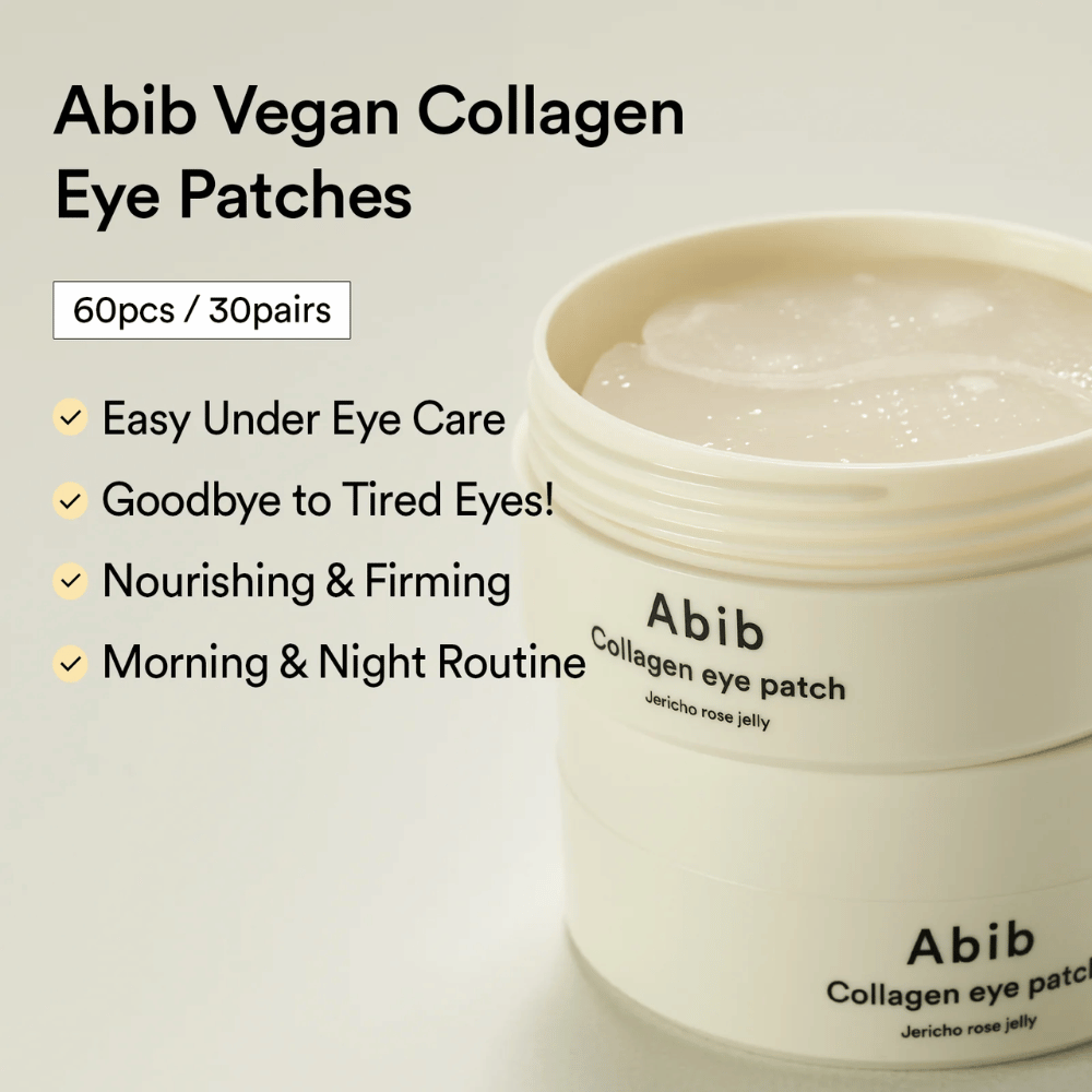 Abib Collagen Eye Patch Jericho Rose Jelly in een open pot met zichtbare oogpatches. Tekst beschrijft voordelen zoals eenvoudige verzorging voor vermoeide ogen, verstevigend effect en gebruik 's ochtends en 's avonds. 60 st / 30 paar.