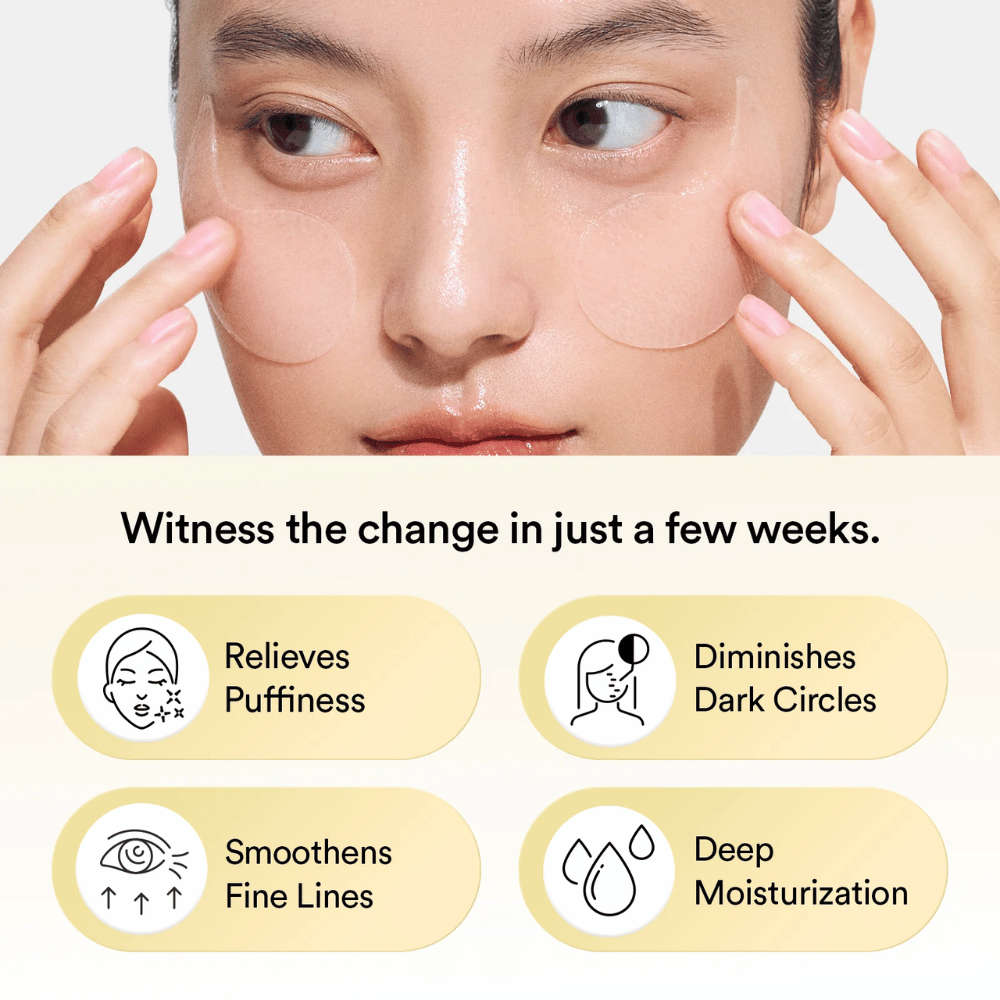 Close-up van een vrouw die Abib Collagen Eye Patch Jericho Rose Jelly onder de ogen aanbrengt. Iconen en tekst tonen de effecten van het product: vermindert zwelling, verzacht donkere kringen, verzacht fijne lijntjes en hydrateert diep.