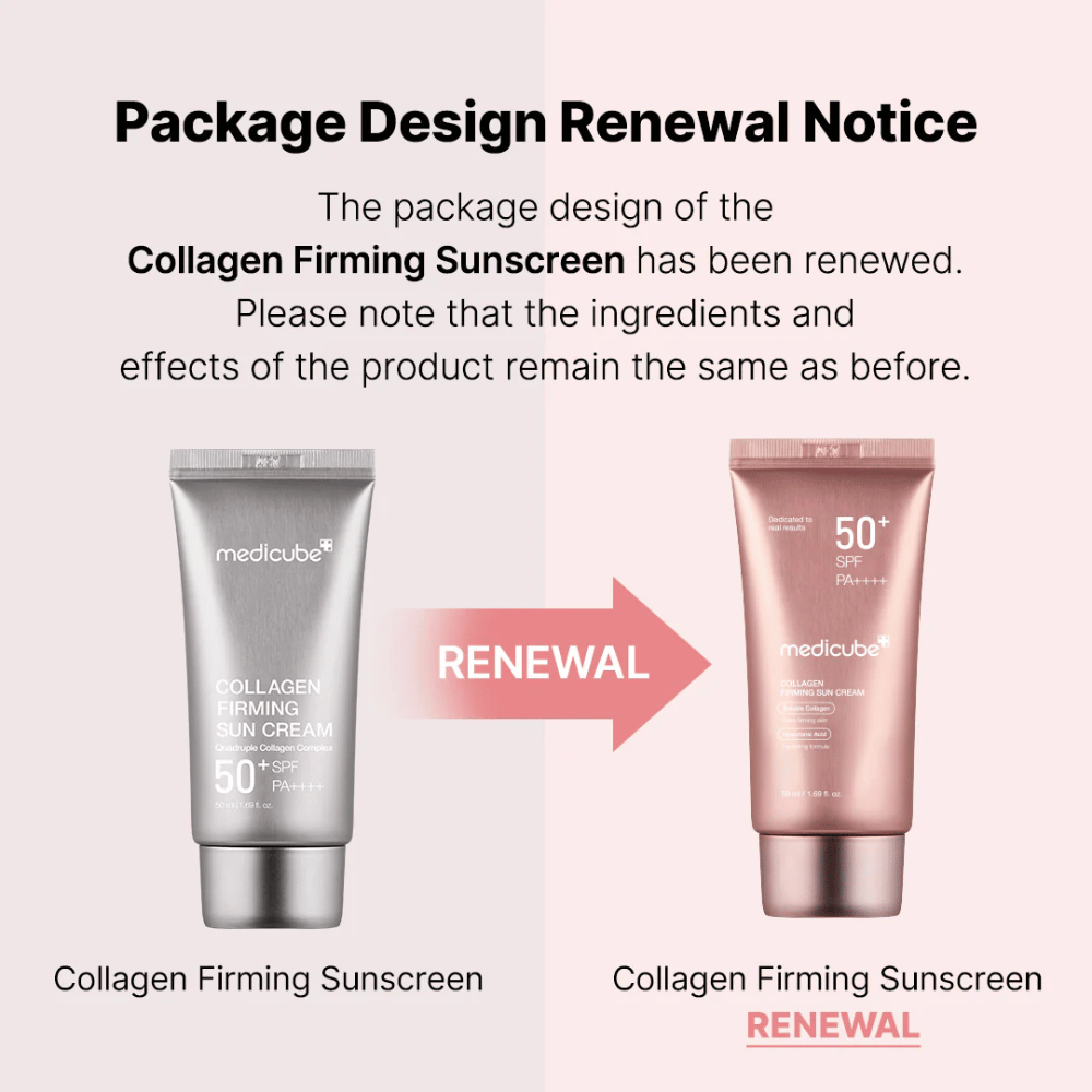 Medicube Collagen Firming Sunscreen heeft een nieuw verpakkingsontwerp – van zilverkleurige tube naar roségouden, met dezelfde ingrediënten en effect als voorheen.