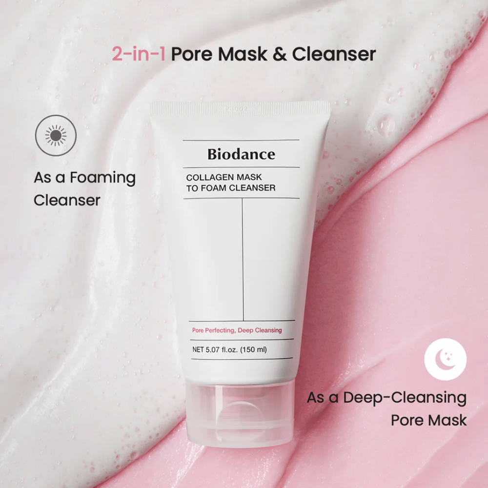 Afbeelding van Biodance Collagen Mask to Foam Cleanser geplaatst bovenop roze en witte reinigingstextuur. Het product wordt beschreven als een 2-in-1 porie-reinigend masker en schuimende reiniging.