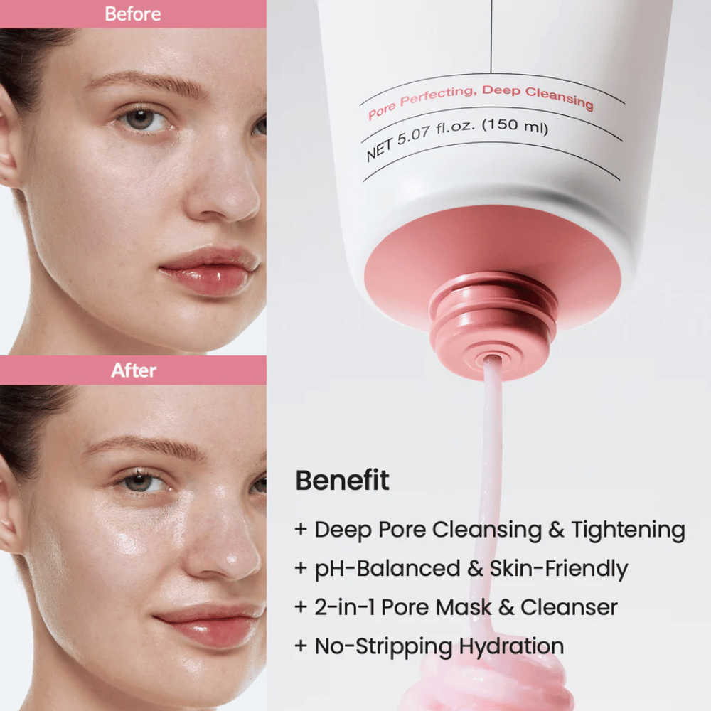Voor- en na-afbeeldingen van de huid van een vrouw met verbeterde glans, evenals roze reiniging die uit de tube wordt gegoten. Tekst vermeldt voordelen zoals diepe poriënreiniging, pH-gebalanceerde formule, 2-in-1 masker en reiniging en hydraterend effect.
