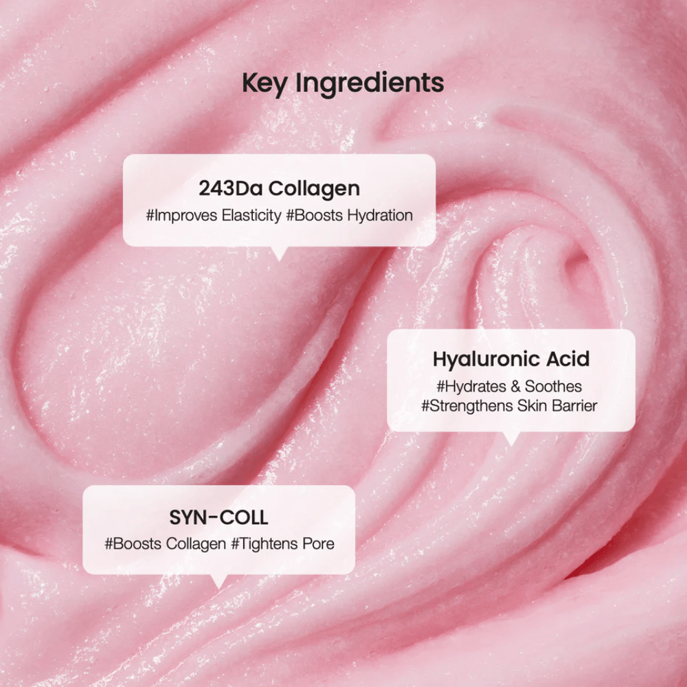 Close-up van roze, romige textuur met drie belangrijke ingrediënten gemarkeerd: 243Da Collageen voor elasticiteit en vocht, Hyaluronzuur voor hydratatie en huidbarrière, en SYN-COLL voor collageenboost en porieverkleining.