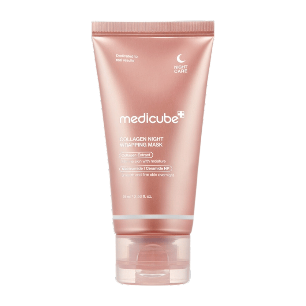 Medicube Collagen Night Wrapping Mask, een nachtmasker met collageenextract dat de huid 's nachts hydrateert en versterkt. Bevat niacinamide en ceramide NP voor een egalere en stevigere huid. Inhoud: 75 ml.