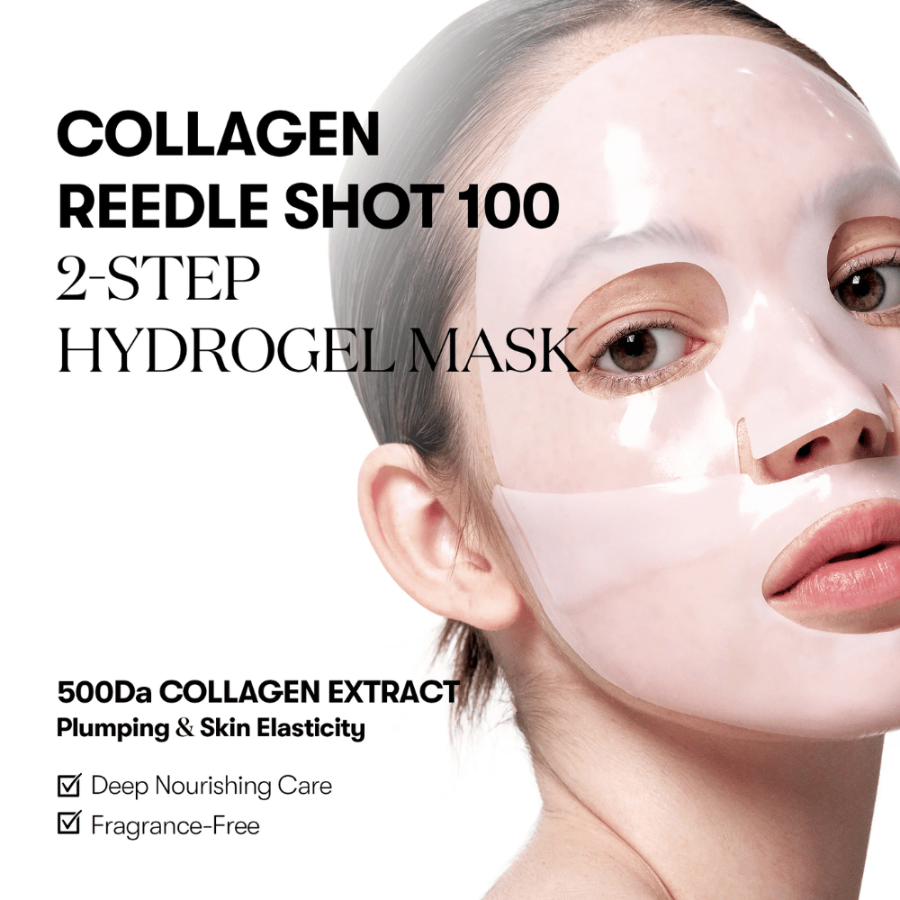 Close-up van een vrouw die een transparant 2-staps hydrogelmasker draagt. Tekst op de afbeelding promoot "Collagen Reedle Shot 100" met 500Da collageenextract voor de elasticiteit van de huid, evenals dat het product geurloos is en diepe voeding biedt.