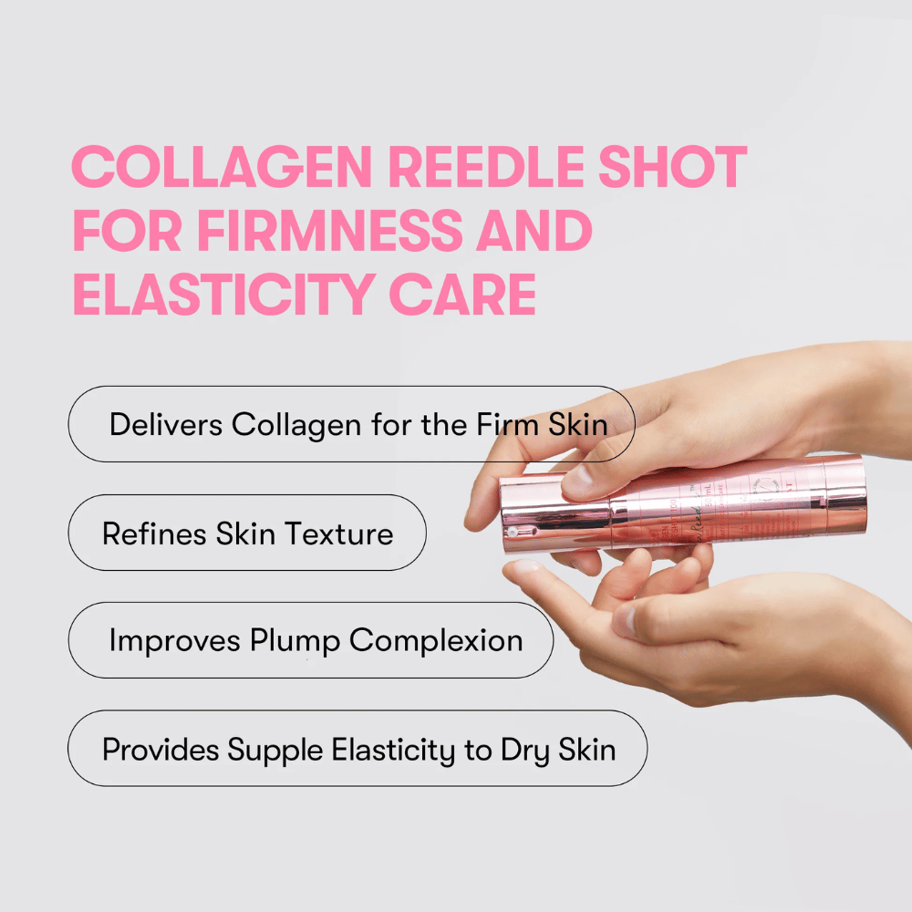 Persoon houdt VT Collagen Reedle Shot 100 vast. Het serum versterkt de stevigheid van de huid, verbetert de textuur en biedt volle elasticiteit.