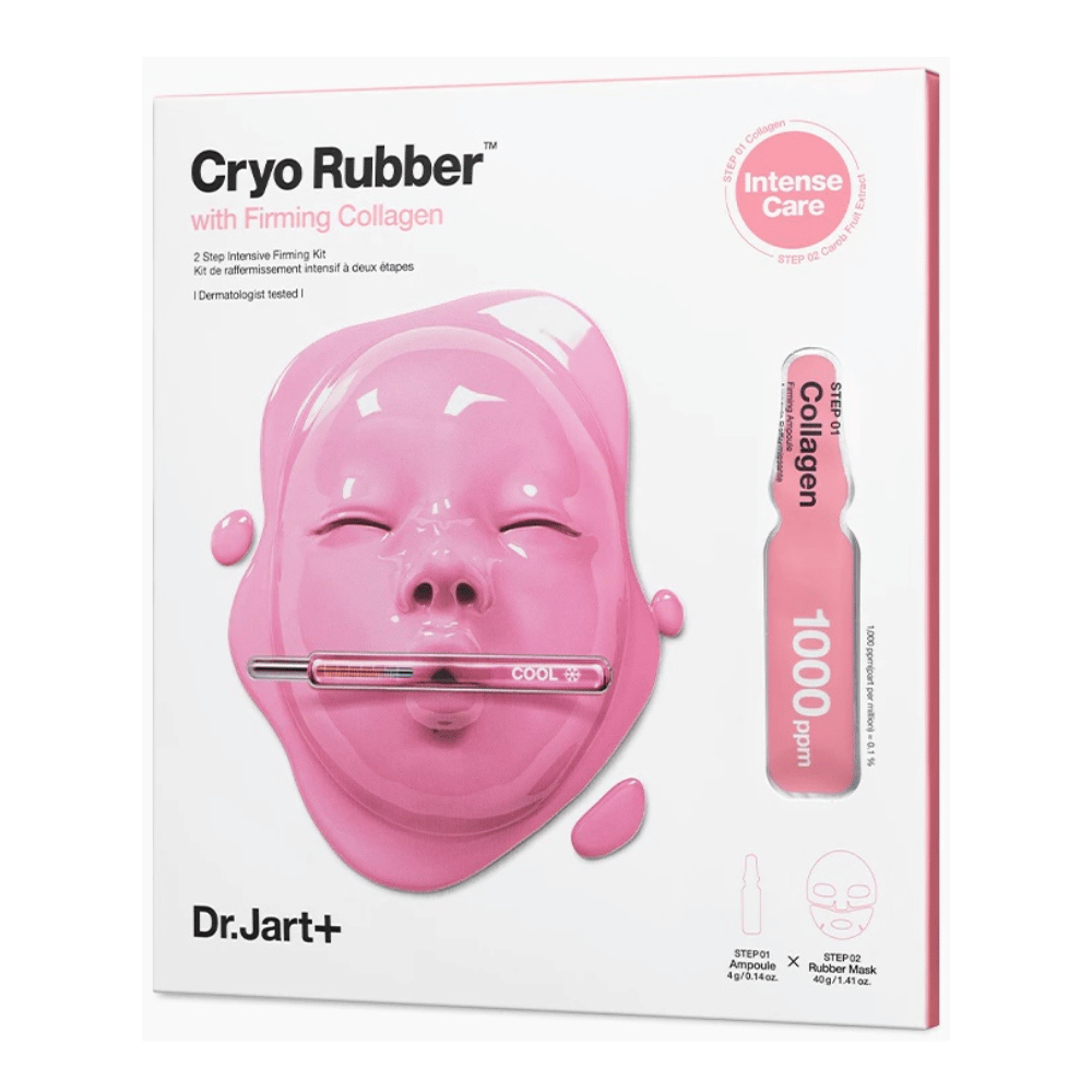 Een afbeelding van Dr.Jart+'s Cryo Rubber™ met Firming Collagen product, toont een roze gezichtsmasker en beschrijving van de inhoud.
