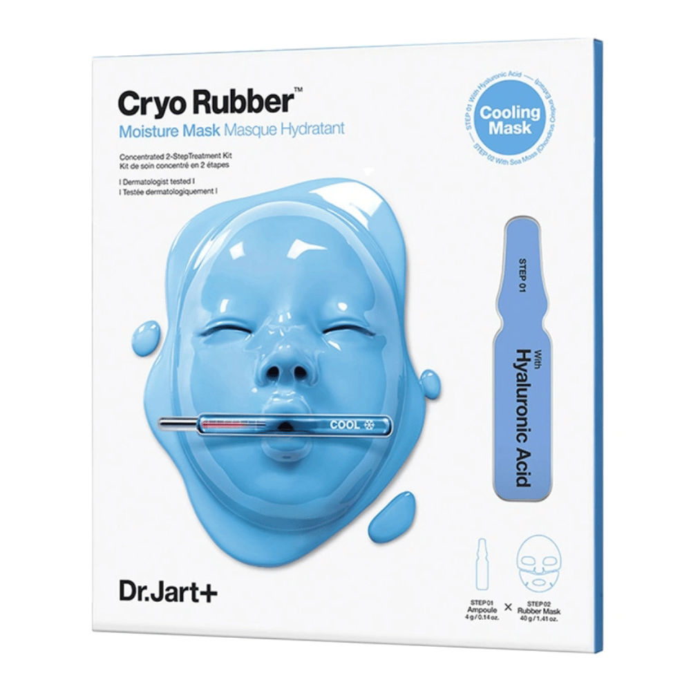 Verpakking van Dr.Jart+ Cryo Rubber Moisture Mask met blauw gezichtsvormig masker en een ampul met hyaluronzuur, gemarkeerd als "Cooling Mask" en stapsgewijze gebruiksgids.