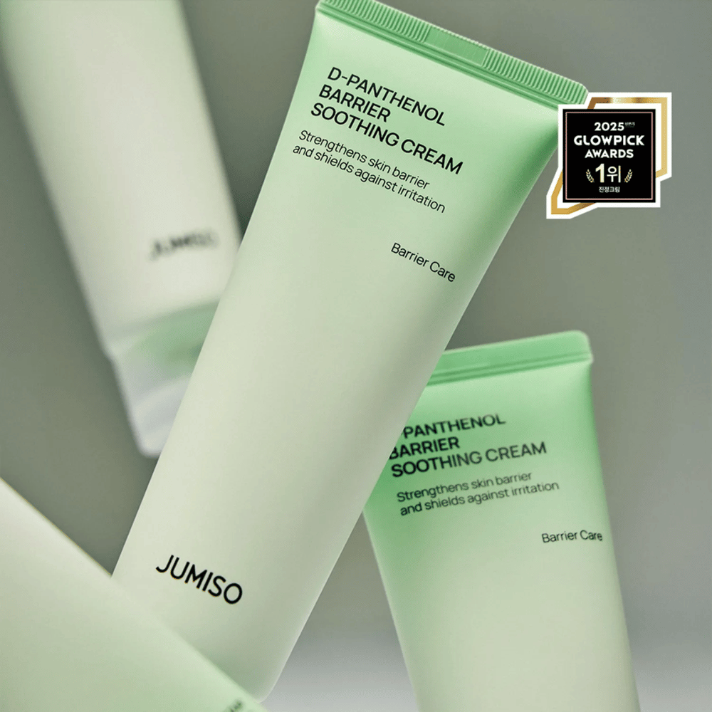 Close-up van Jumiso D-Panthenol Barrier Soothing Cream in groene tube, winnaar van Glowpick Awards 2025.
