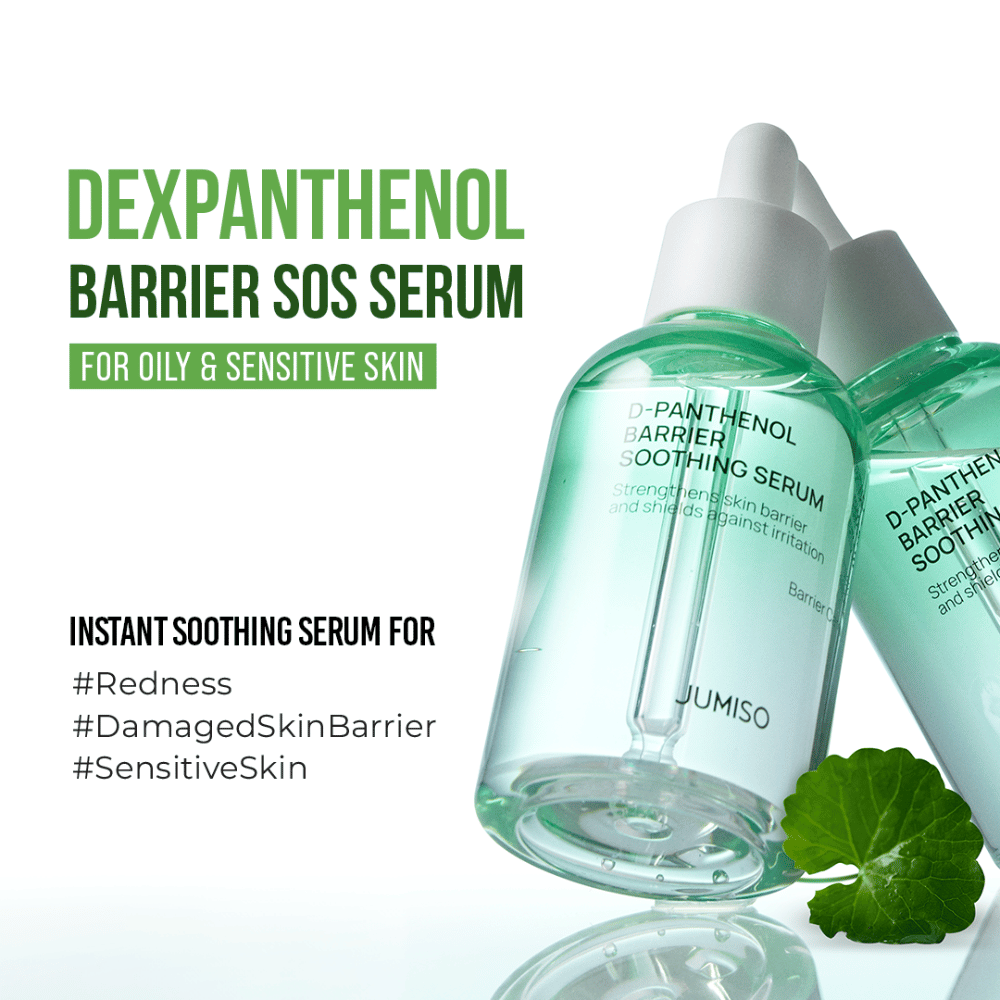 Productfoto van Jumiso D-Panthenol Barrier Soothing Serum met tekst over SOS-effect voor gevoelige huid, roodheid en beschadigde huidbarrière.