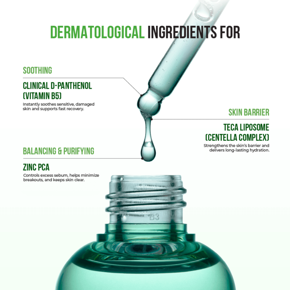 Close-up van pipet met druppend serum, gemarkeerde ingrediënten zoals D-Panthenol, Zinc PCA en Centella Complex voor huidbarrière en hydratatie.