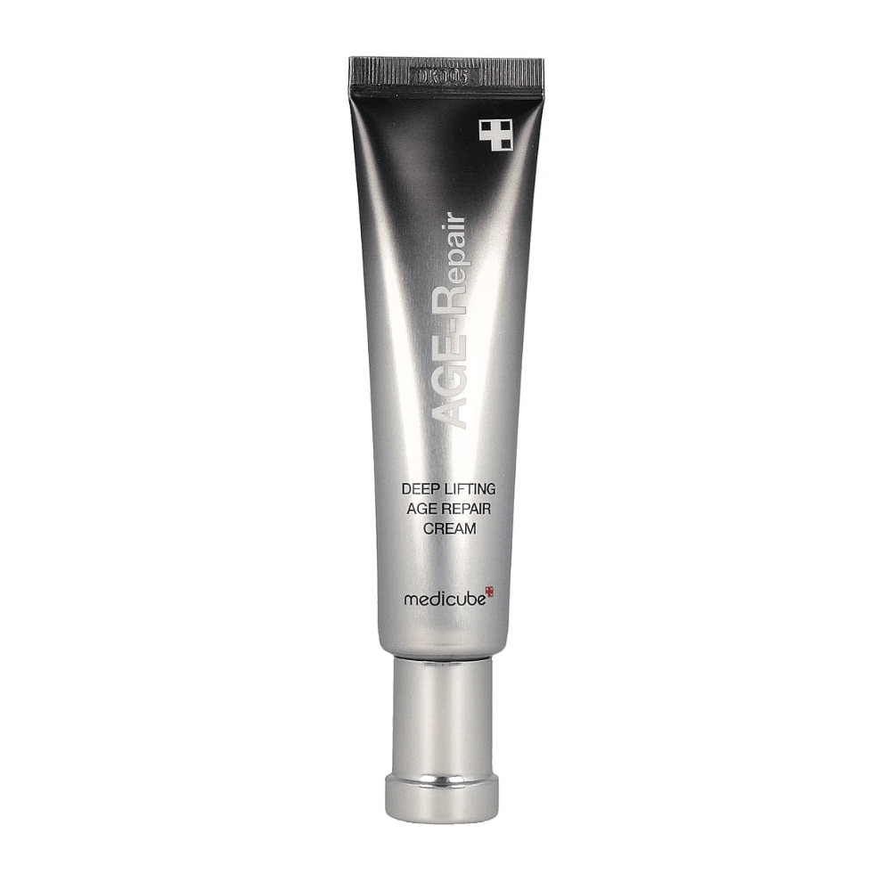 Productafbeelding van Medicube Deep Lifting Age Repair Cream in zilveren tube tegen een witte achtergrond.