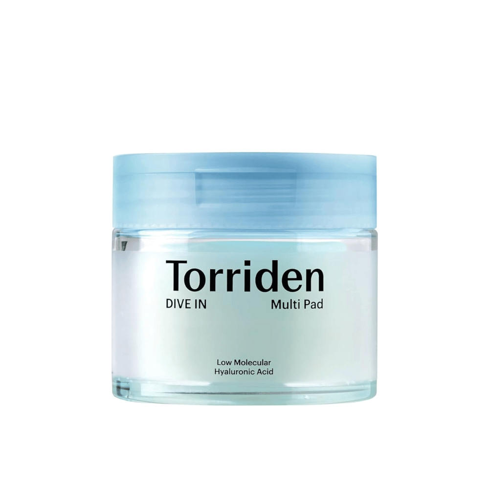 Transparante pot met Torriden "DIVE IN Multi Pad", hyaluronzuur, tegen een witte achtergrond.