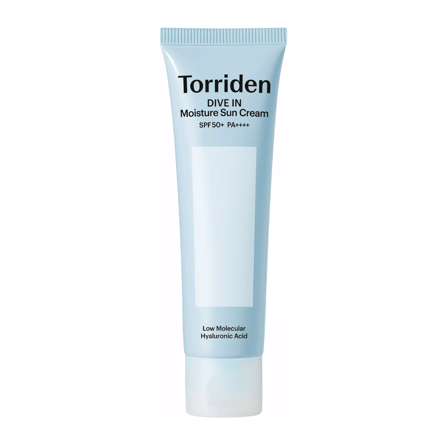 Torriden DIVE-IN Moisture Sun Cream SPF50+ PA++++ productafbeelding op een witte achtergrond met hyaluronzuur met laag moleculair gewicht voor intensieve hydratatie en UV-bescherming.