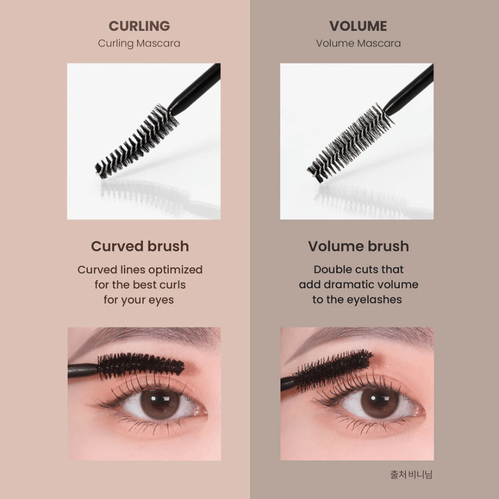 Vergelijking tussen Heimish Dailism Smudge Stop Mascara Krullen en Volume die het verschil tussen gebogen wimpers en intense volume toont.