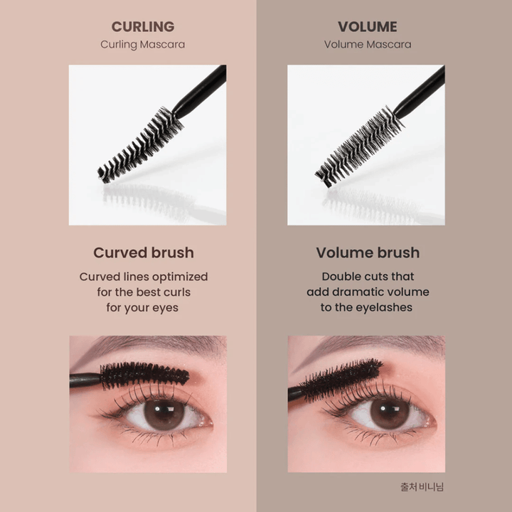 Vergelijking tussen Heimish Dailism Smudge Stop Mascara Krullen en Volume die het verschil tussen gebogen wimpers en intense volume toont.