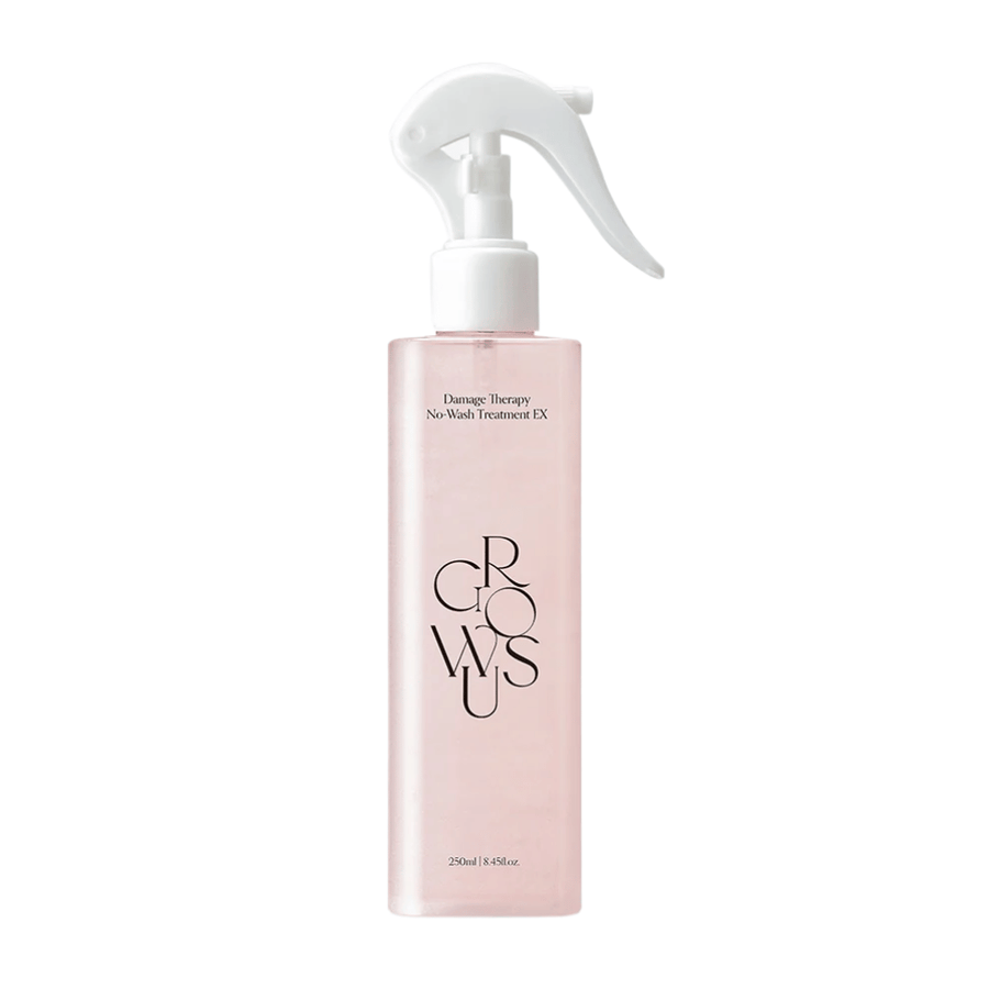 Vrijstaande productafbeelding van GROWUS Damage Therapy No-Wash Treatment EX in een roze sprayfles met leave-in formule voor hydratatie en verzorging van beschadigd haar.