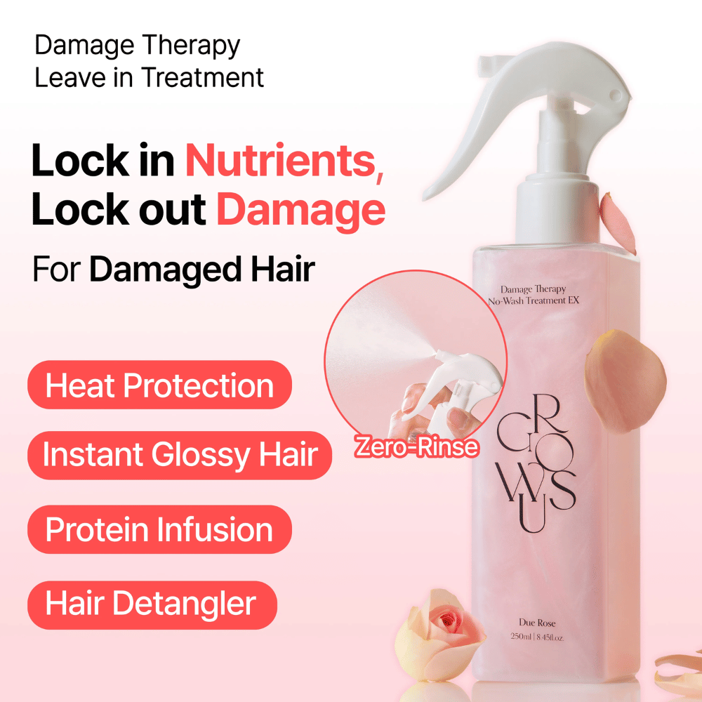Campagnebeeld voor GROWUS Damage Therapy No-Wash Treatment EX met focus op hittebescherming, glans, proteïneverzorging en ontwarrend effect voor beschadigd en droog haar.
