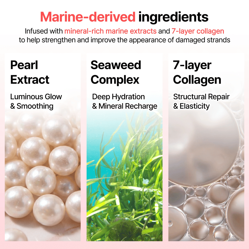 Informatiebeeld over mariene ingrediënten in GROWUS Damage Therapy No-Wash Treatment EX met parelextract, zeegrascomplex en 7-laags collageen voor glans en hydratatie.
