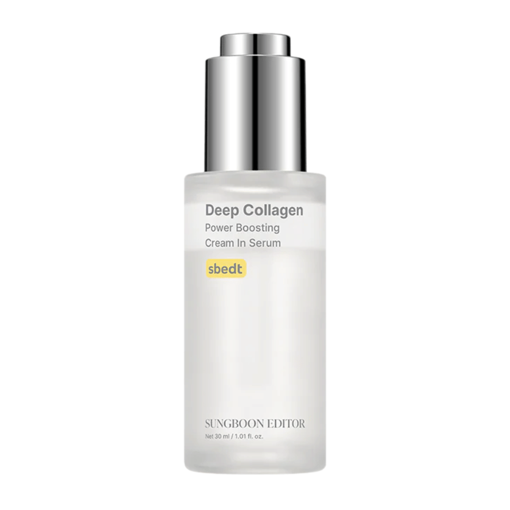 Deep Collagen Power Boosting Cream in Serum in een elegante doorzichtige fles met zilveren dop. Een collageenrijk product dat de huid voller maakt.