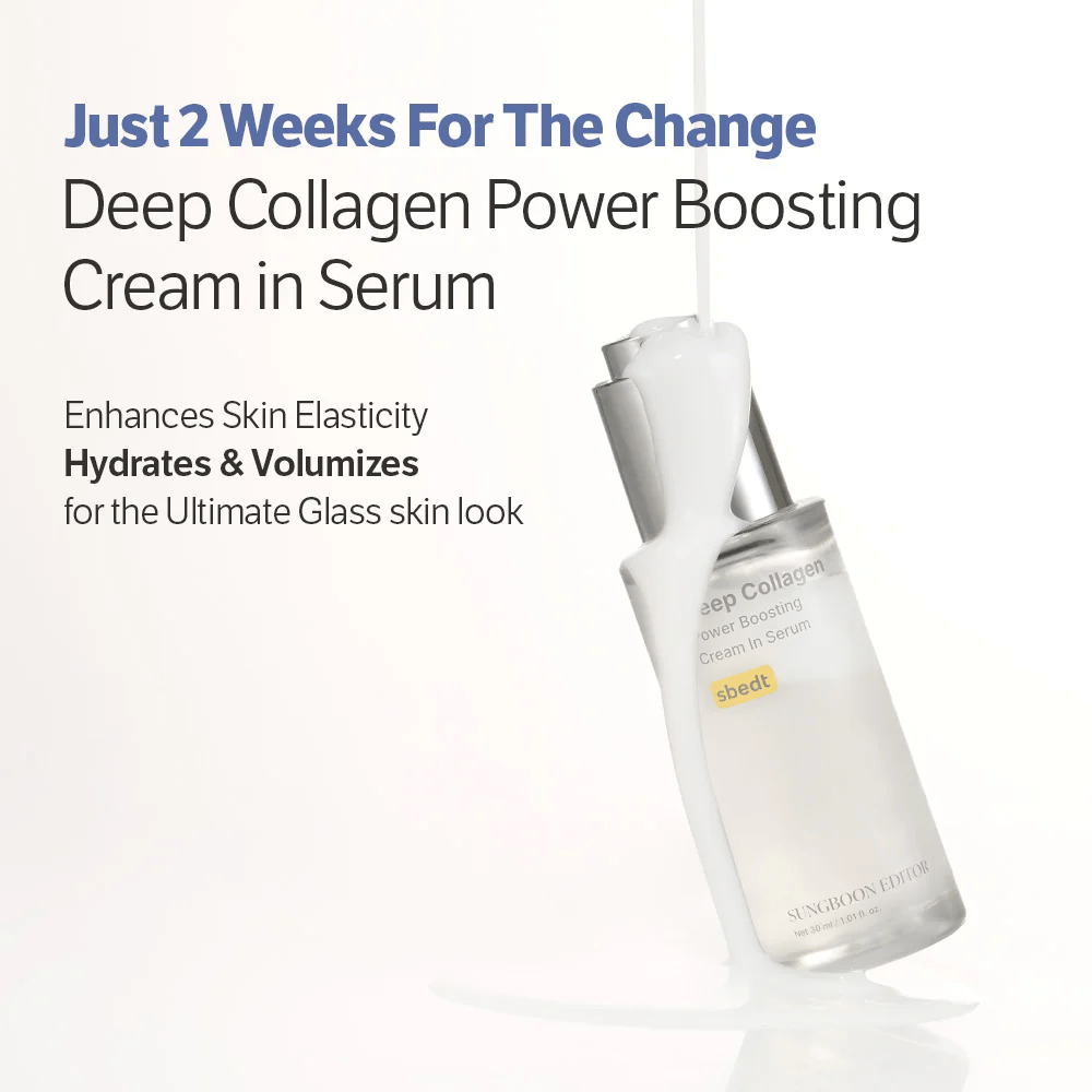 Sungboon Editor Deep Collagen Power Boosting Cream in Serum bedekt met lopende crème. Product dat hydrateert, elasticiteit versterkt en een glanzende huid geeft.