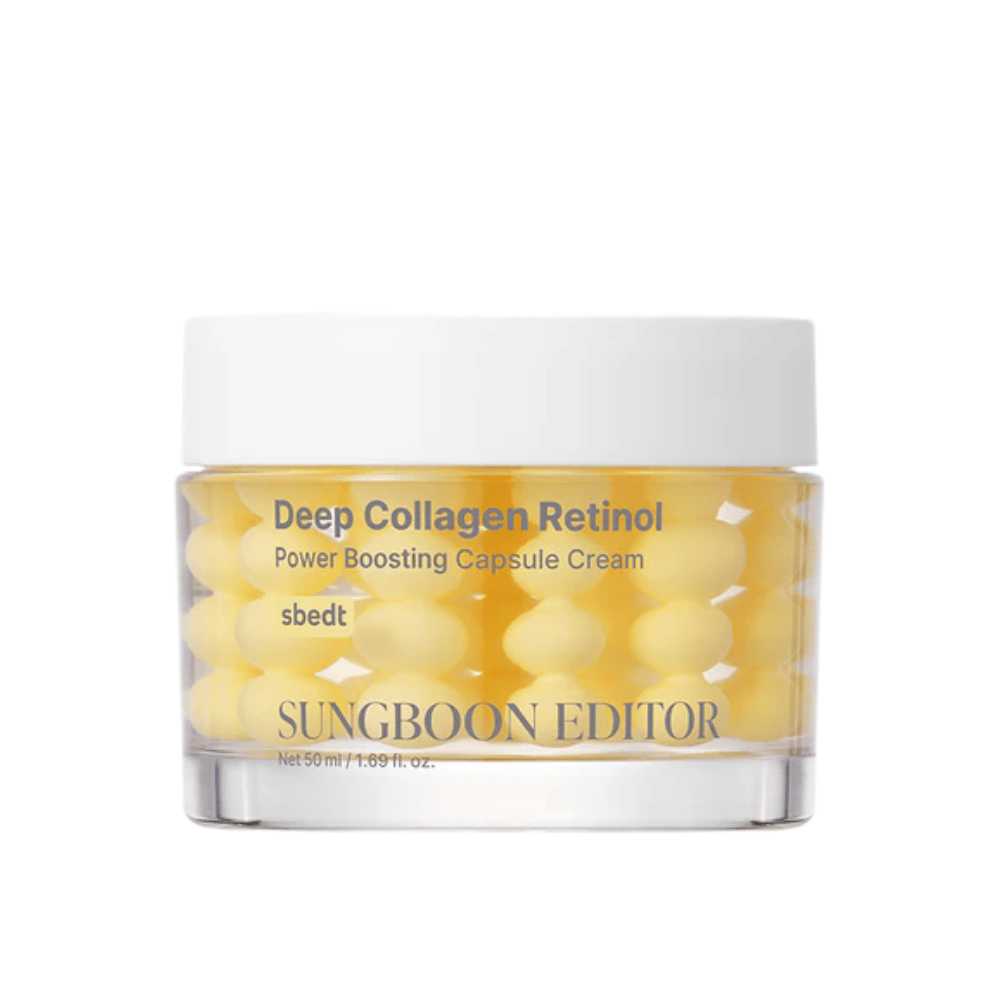 Sungboon Editor Deep Collagen Retinol Capsule Cream in glazen pot met gele capsules. Een krachtige anti-verouderingscrème met retinol en collageen.