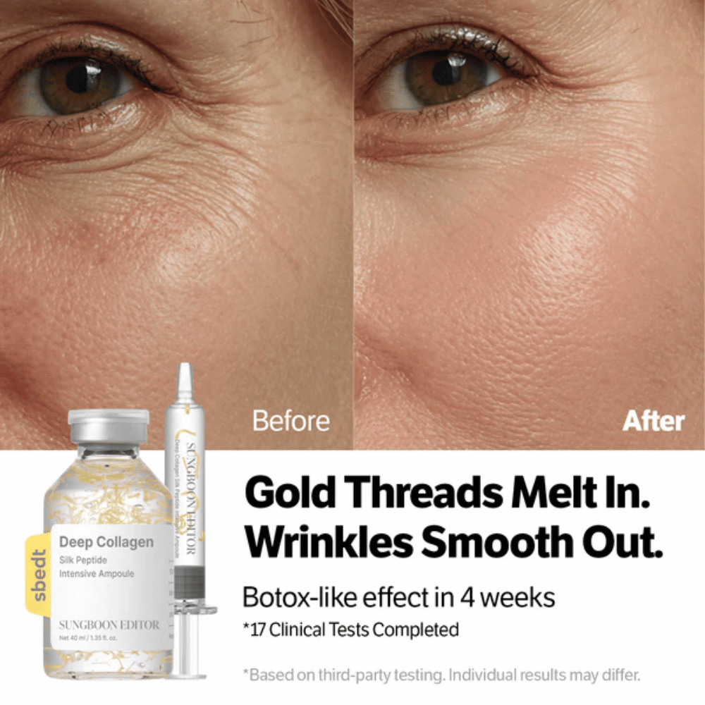 SUNGBOON EDITOR Deep Collagen Silk Peptide Intensive Ampoule – serum met peptiden die helpen rimpels te verminderen en de elasticiteit van de huid te verbeteren voor een gladder resultaat.