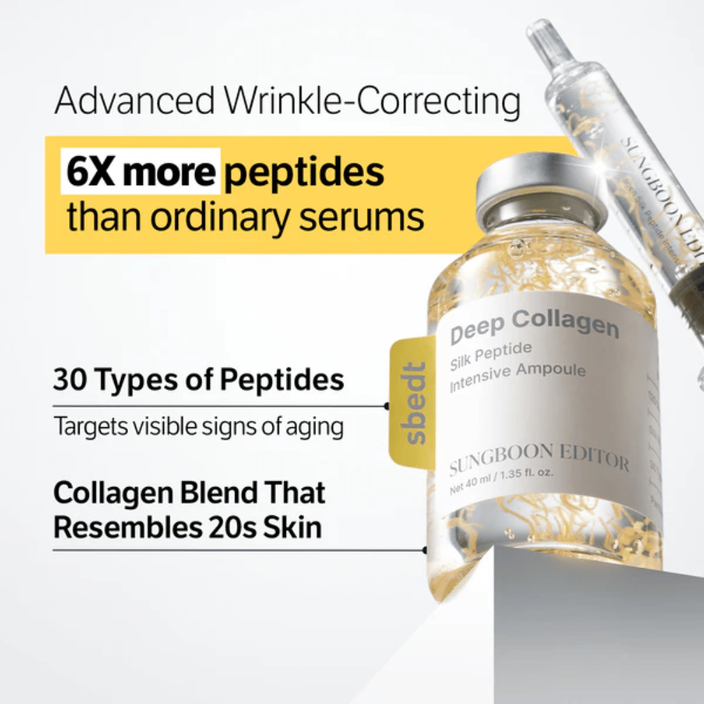 SUNGBOON EDITOR Deep Collagen Silk Peptide Intensive Ampoule – geavanceerd serum met collageen en peptiden die helpen de stevigheid van de huid te verbeteren en zichtbare tekenen van veroudering te verminderen.