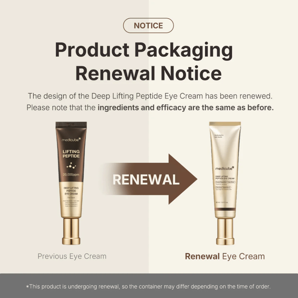 Medicube Deep Lifting Peptide Eye Cream – nieuwe verpakking, dezelfde effectieve peptidenformule die de huid rond de ogen lift en verstevigt.