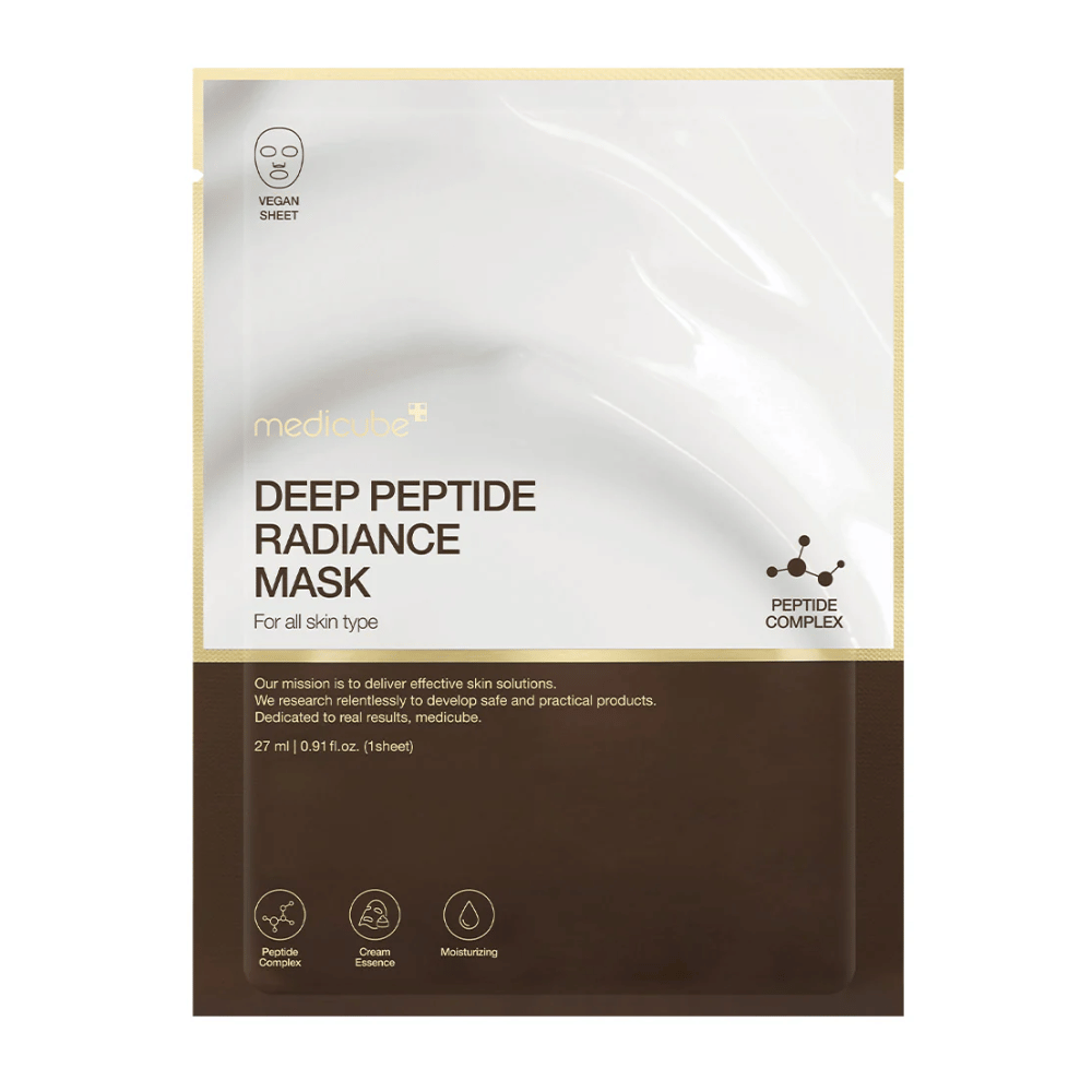 Voorkant van Medicube Deep Peptide Radiance Mask, veganistische Sheet mask met peptidecomplex voor hydratatie en glans.
