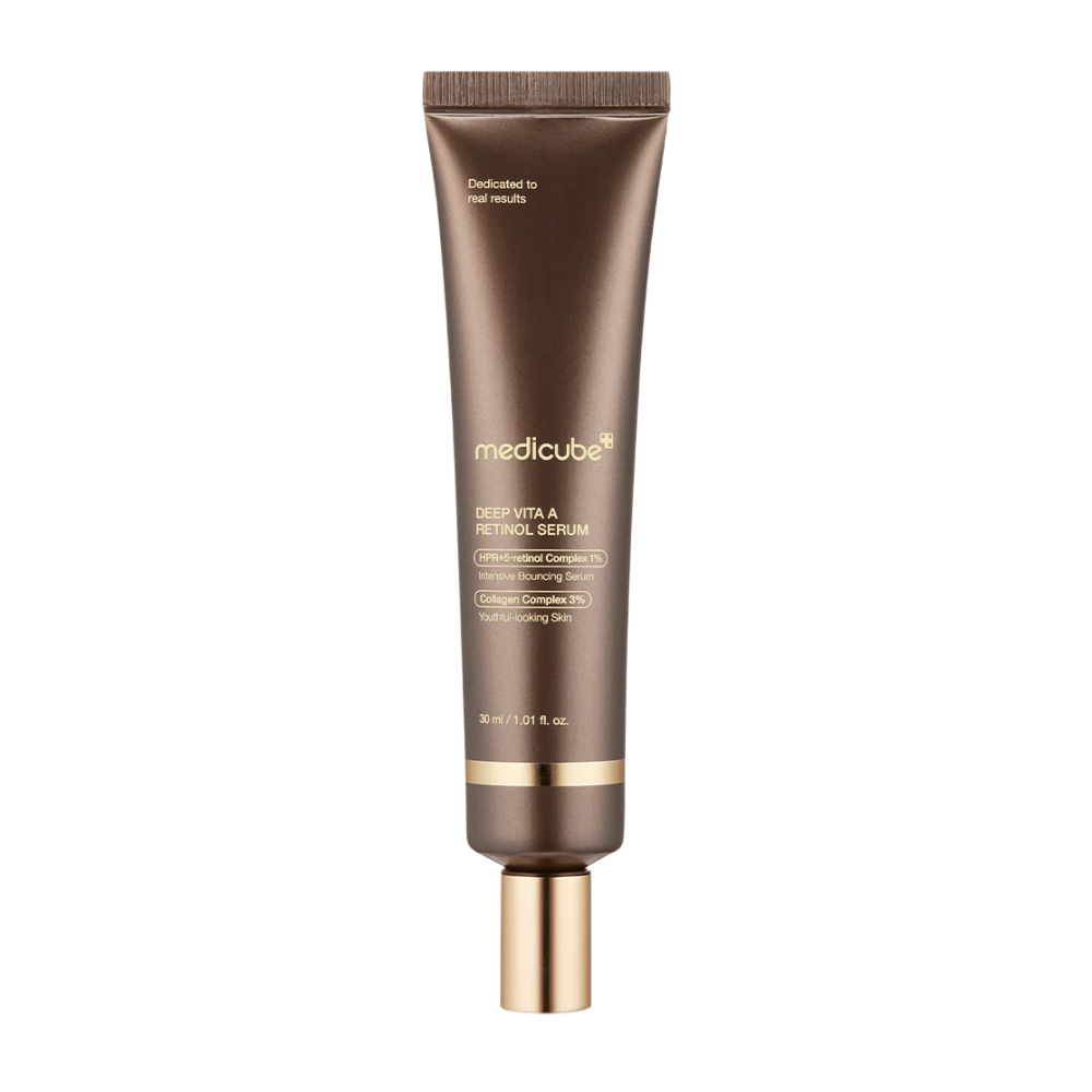 Medicube Deep Vita A Retinol Serum in bruine tube met goudkleurige details, een anti-aging product dat retinol en collageen combineert voor stevigere huid.