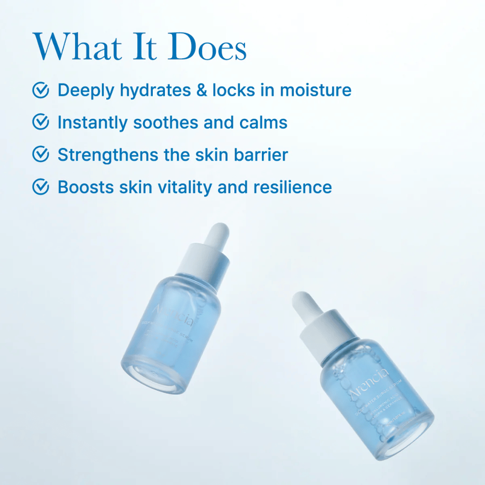 Twee flessen Arencia Deep Water Surge Serum die de lichte, waterige textuur van het serum benadrukken voor intense hydratatie en gebalanceerde huid.