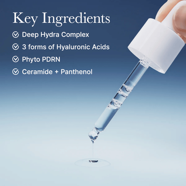 Pipet met serum die de lichte consistentie en actieve ingrediënten van Arencia Deep Water Surge Serum laat zien, zoals hyaluronzuur, phyto PDRN, ceramiden en panthenol.