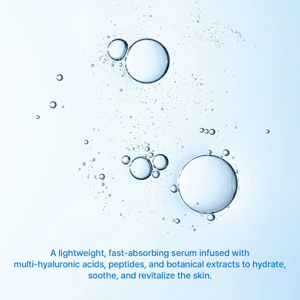 Illustratie van waterbellen die intense hydratatie symboliseren van Arencia Deep Water Surge Serum met multi-hyaluronzuur en snel absorberende formule.