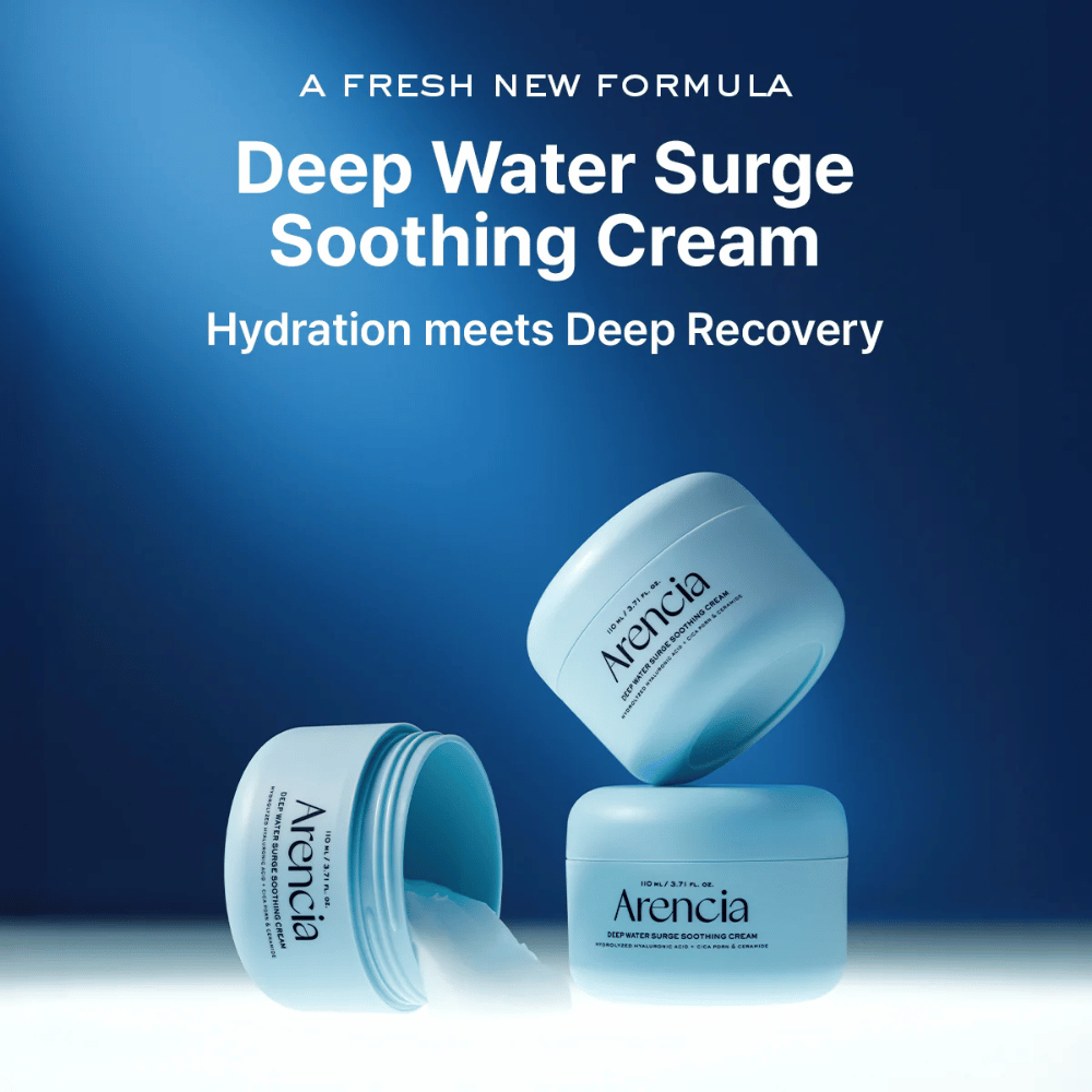 Arencia Deep Water Surge Soothing Cream - nieuwe kalmerende en hydraterende gezichtscrème die intense hydratatie combineert met huidherstellende verzorging.