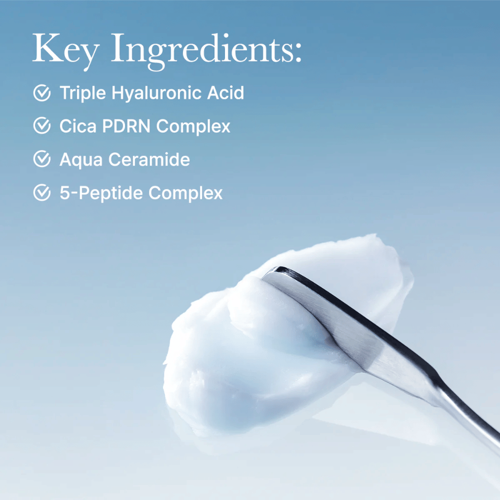 Belangrijkste ingrediënten in Arencia Deep Water Surge Soothing Cream met drievoudig hyaluronzuur, Cica PDRN, aqua ceramide en 5-peptidecomplex voor intense hydratatie en huidbarrière ondersteuning.