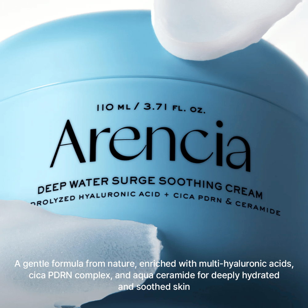 Arencia Deep Water Surge Soothing Cream met hyaluronzuur, Cica PDRN en ceramiden - kalmerende gezichtscrème die diep hydrateert en de huidbarrière versterkt voor gevoelige en droge huid.